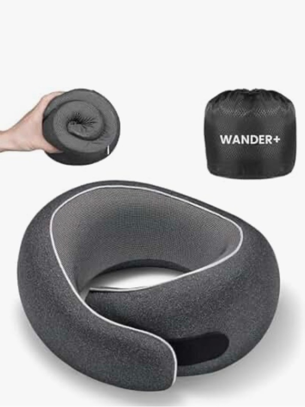 Wander+ Dark Gray Travel Neck Pillow with Packable Pouch